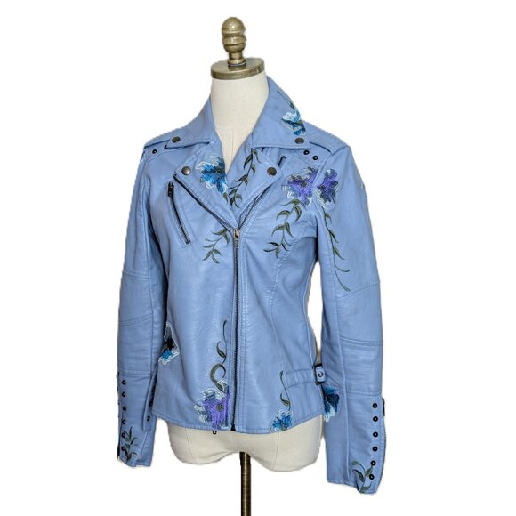 Colleen Lopez Blue Floral Embroidered Faux Leather Moto Jacket Size S Studded - Picture 3 of 6